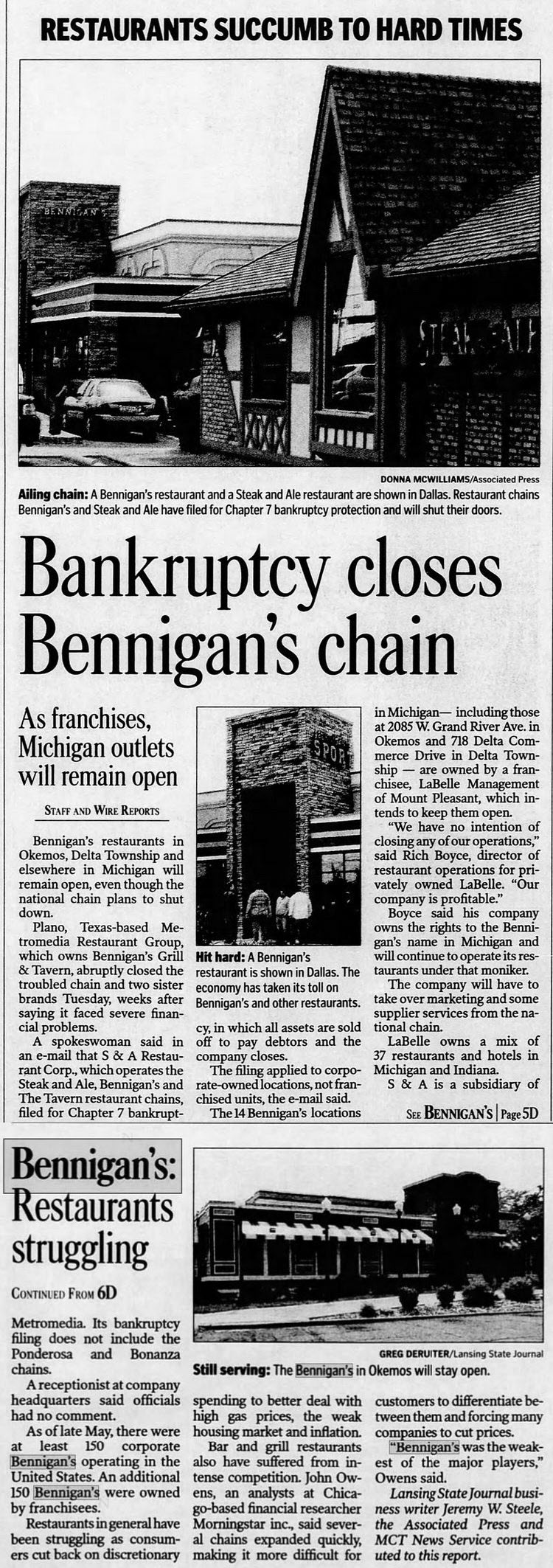 Bennigan’s - Jul 30 2008 Article On Bankruptcy